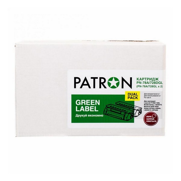 

Картридж Patron HP LJ CE278A/Canon 728 Green Label Dual Pack (PN-78A/728DGL) CT-HP-CE278AD-PN-GL, HP LJ CE278A/Canon 728 Green Label Dual Pack (PN-78A/728DGL) CT-HP-CE278AD-PN-GL