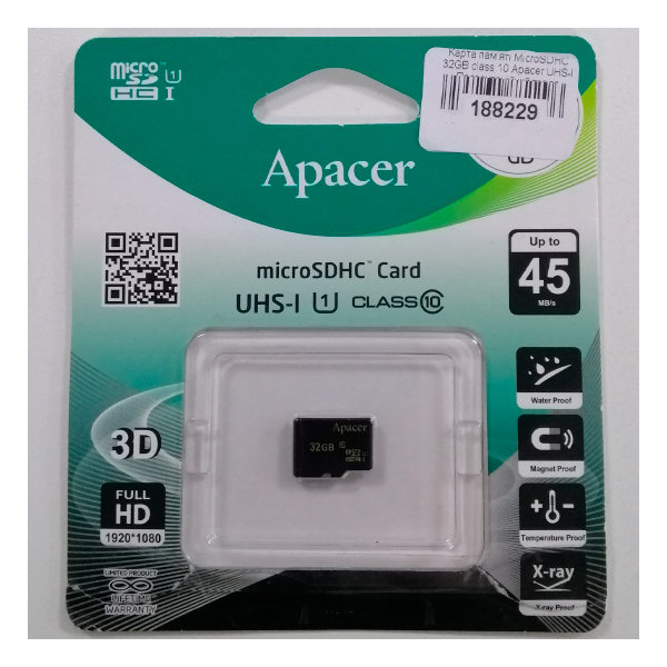 

Карта памяті MicroSDHC 32GB class 10 Apacer UHS-I Презентаційна модель, AP32GMCSH10U1-RA Презентаційний